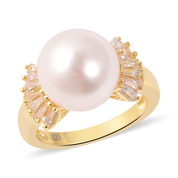 (Size L) Edison Pearl and Zircon Solitaire Ring in Yellow Gold Plated Sterling Silver