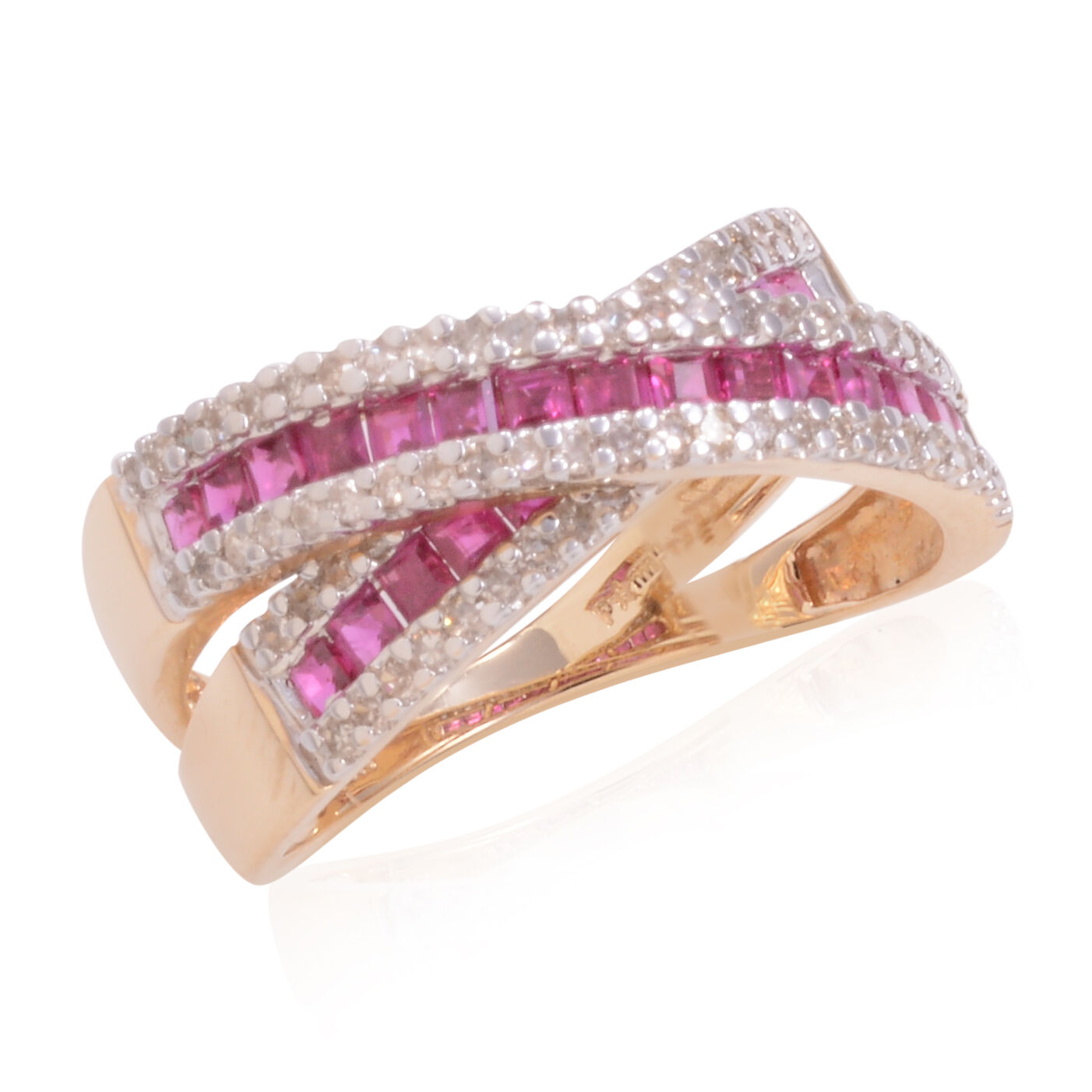 Close Out Deal 14K Y Gold Ruby (Sqr), Diamond Criss Cross Ring 1.400 Ct.
