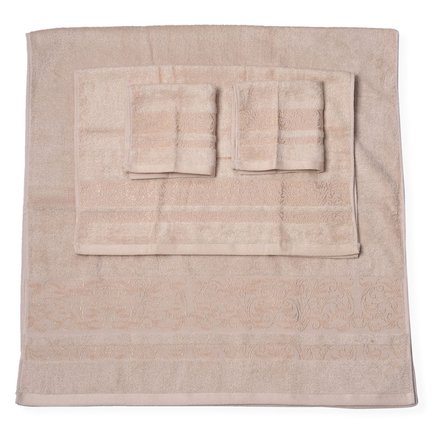 Beige Colour Set of 4 Bamboo Cotton Towels - 1 Bath Towel (Size 130x65 Cm), 2 Face Cloths (Size 65x5