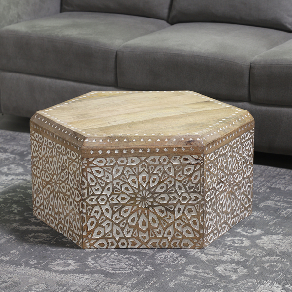 Nshi Mango Wood Hand Carved, Rose Gold Hexagon Coffee Table Uk