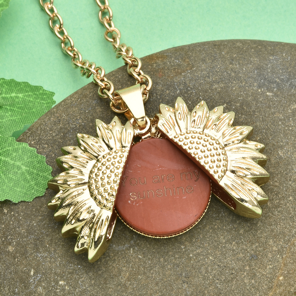 Red Jasper Sunflower Pendant with Chain (Size 24 With 2 Inch Extender) in Yellow Gold Tone
