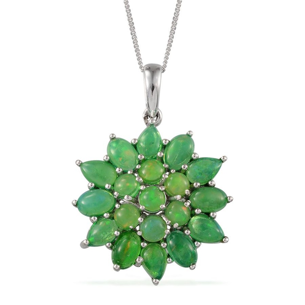 Green Ethiopian Opal (Rnd) Cluster Pendant With Chain in Platinum Overlay Sterling Silver 5.000 Ct.