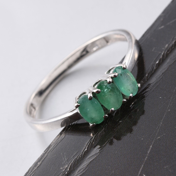 0.66 Ct Kagem Zambian Emerald Trilogy Ring in Platinum Plated Silver