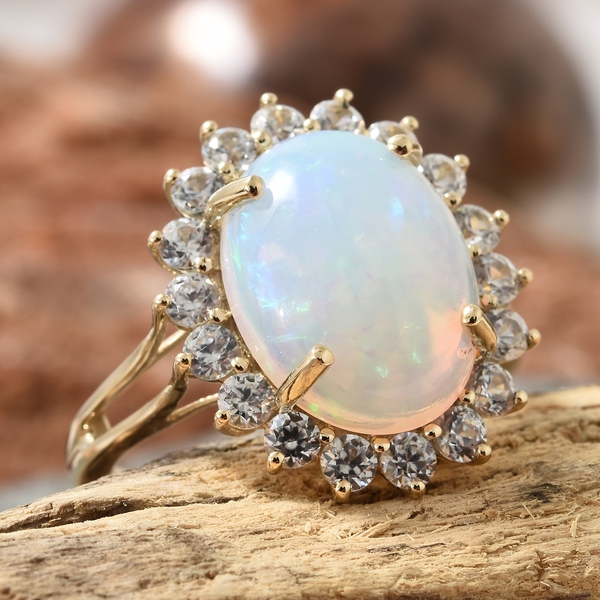 Extremely Rare Size 9K Yellow Gold AA Ethiopian Welo Opal (Ovl 16X12 mm 2.850 Ct), Natural Cambodian White Zircon Ring 5.250 Ct, Gold Wt 4.50 Gms