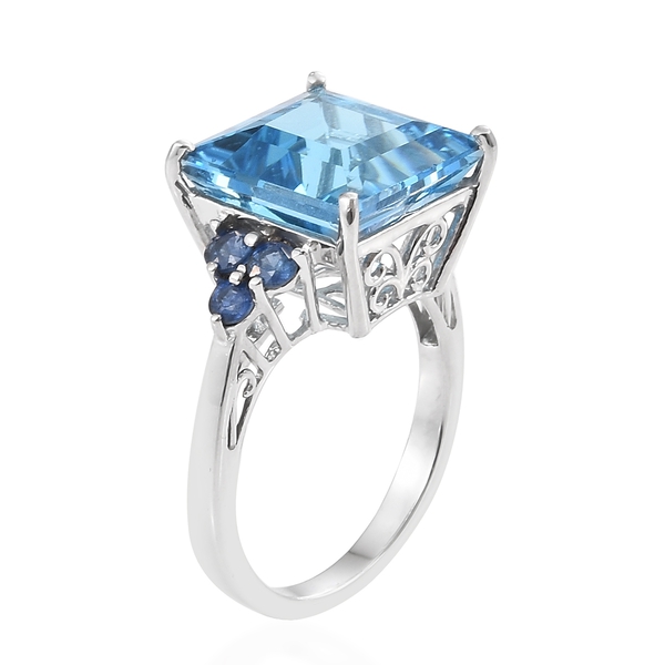 Marambaia Topaz (Sqr 13.00 Ct), Kanchanaburi Blue Sapphire Ring in Platinum Overlay Sterling Silver 13.750 Ct.