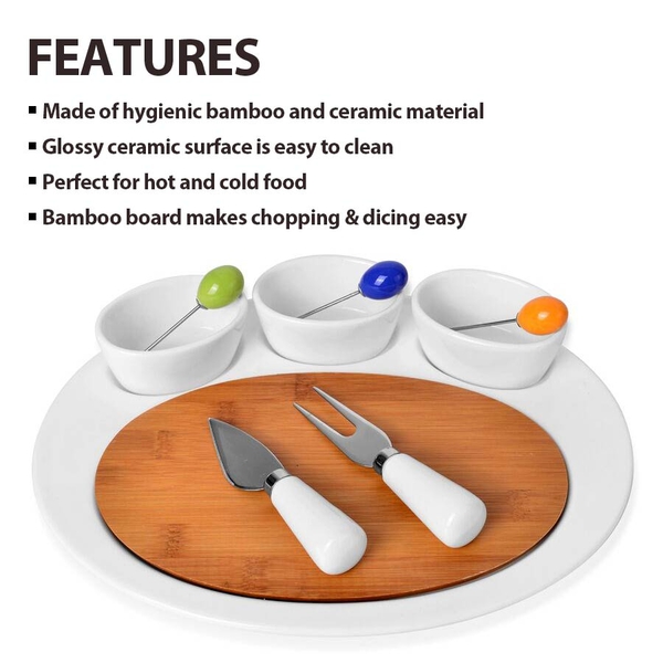 Kitchen Accessories - 3 Oval Ceramic Bowls (Size 8.5X4 Cm), Ceramic Tray (Size 30X24 Cm), Bamboo Board (23X15 Cm), 3 Fruit Forks, Cheese Knife and Cheese Fork in Stainless Steel