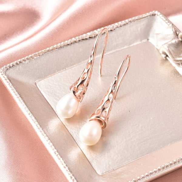 RACHEL GALLEY - Freshwater White Pearl Dangle Hook Earrings in Rose Gold Overlay Sterling Silver