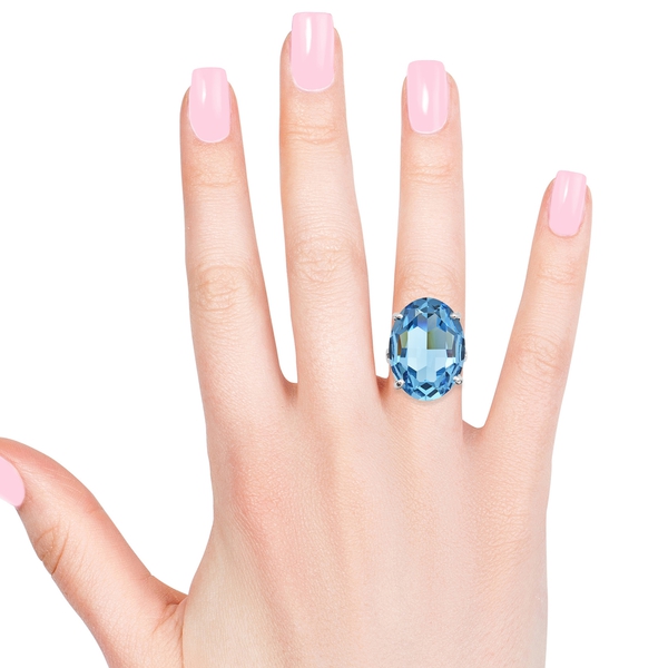 J Francis  - Aquamarine Colour Crystal (Ovl) Ring in Platinum Overlay Sterling Silver, Silver wt 6.21 Gms.