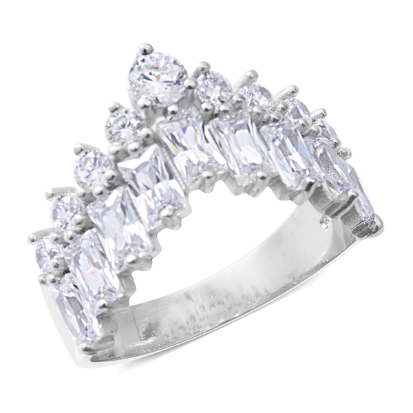 Designer Inspired- ELANZA Simulated Diamond (Rnd and Bgt) Ring in Rhodium Overlay Sterling Silver