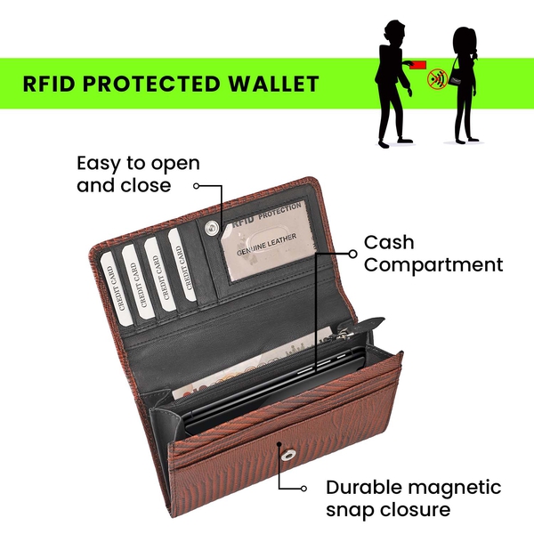 100% Genuine Leather Lizard Embossed Womens RFID Protected Wallet (Size 18x10 Cm) - Brown