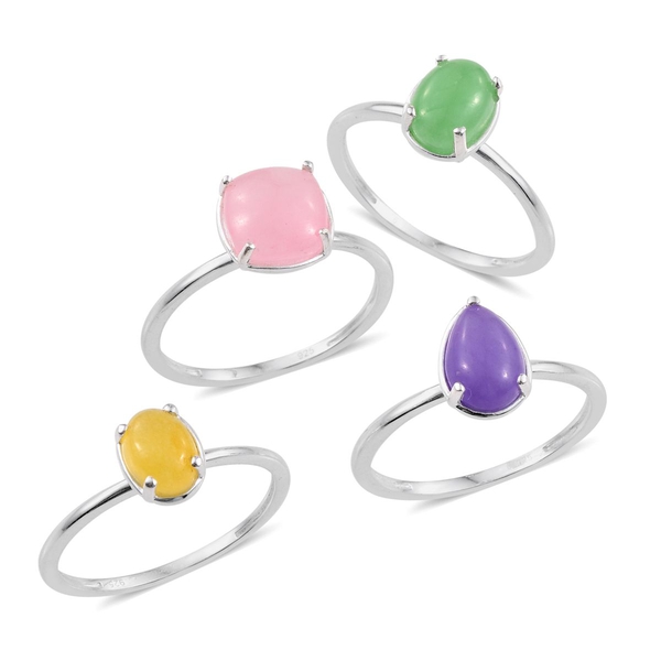 Set of 4 - Pink, Purple, Green and Yellow Jade Ring in Sterling Silver 10.000 Ct.