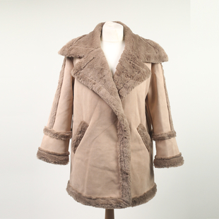 Urban Mist Faux Fur Suede Shearling Soft Fleece Lined Collar Coat with Pockets - Beige