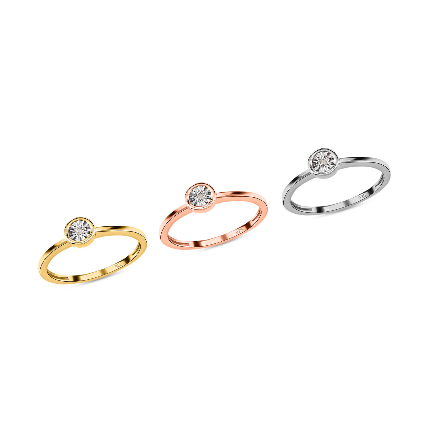 Set of 3 - Diamond Stackable Ring in Platinum Overlay and 18K Rose and Yellow Gold Vermeil Plated Sterling Silver 0.03 Ct.