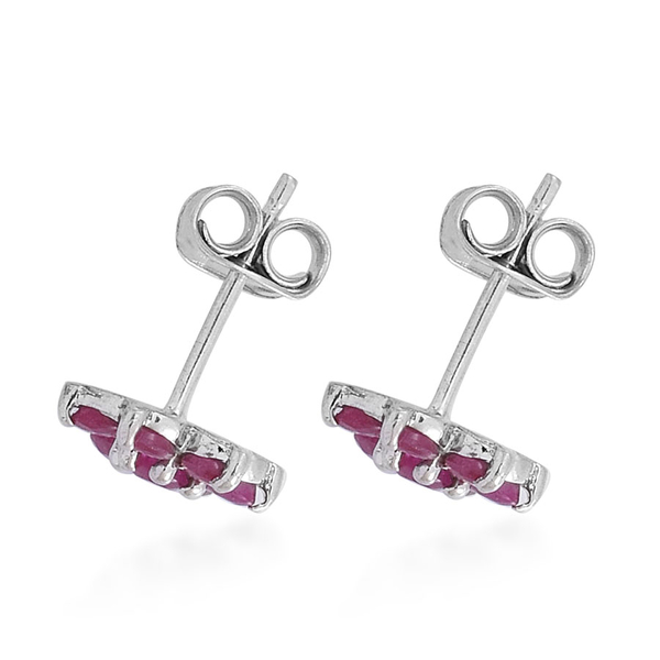 AAA Ruby (Rnd) Floral Stud Earrings (with Push Back) in Rhodium Plated Sterling Silver 1.250 Ct.