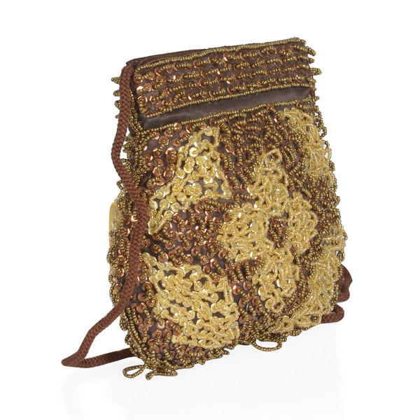 Yellow and Brown Colour Fortune Cookie Bag Made with Brocade and Sequin Work (Size 6x5 inch)