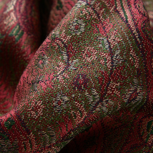 SILK MARK - 100% Superfine Silk Multi Colour Paisley and Leaves Pattern Red Colour Jacquard Jamawar Scarf with Tassels (Size 180x70 Cm) (Weight 125-140 Grams)