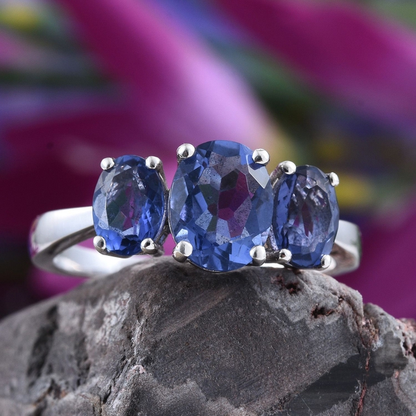 Colour Change Fluorite (Ovl 2.25 Ct) 3 Stone Ring in Platinum Overlay Sterling Silver 4.250 Ct.