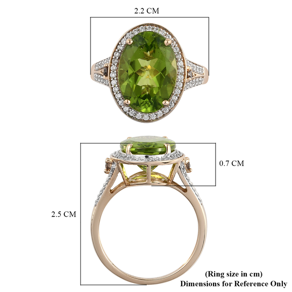 9K Yellow Gold Natural Hebei Peridot (Ov 5.50 Cts), Natural Cambodian Zircon and Champagne Diamond Ring 6.09 Ct.
