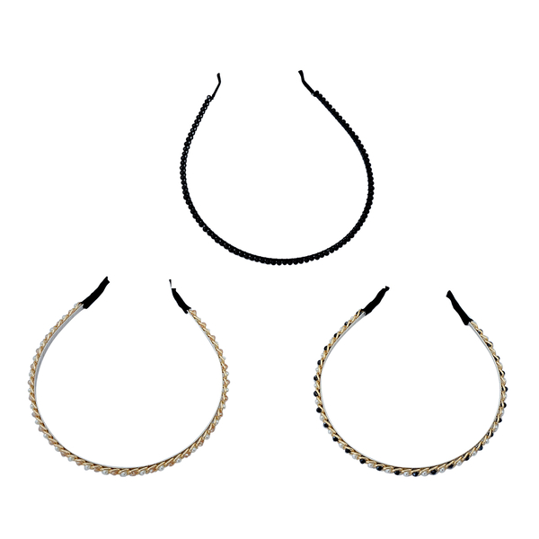 Set of 3 - Black and Champagne Glass Bead, Simulated White Pearl and Simulated Stone Head Band in Silver and Gold Tone
