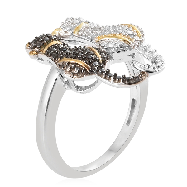 Black and White Diamond Twin Cat Ring in Platinum and Yellow Gold Overlay with Black Plating Sterling Silver 0.010 Ct
