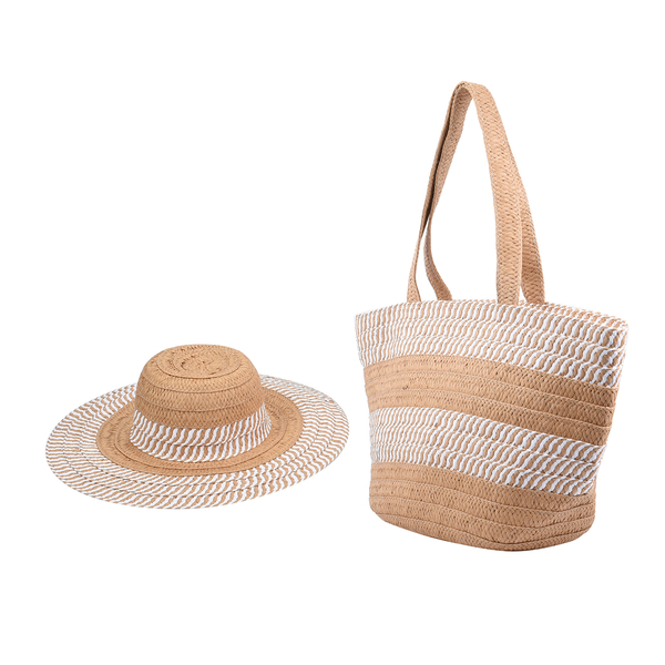 2 Piece Set - Handbag with Matching Hat Tote Bag - Beige and Khaki