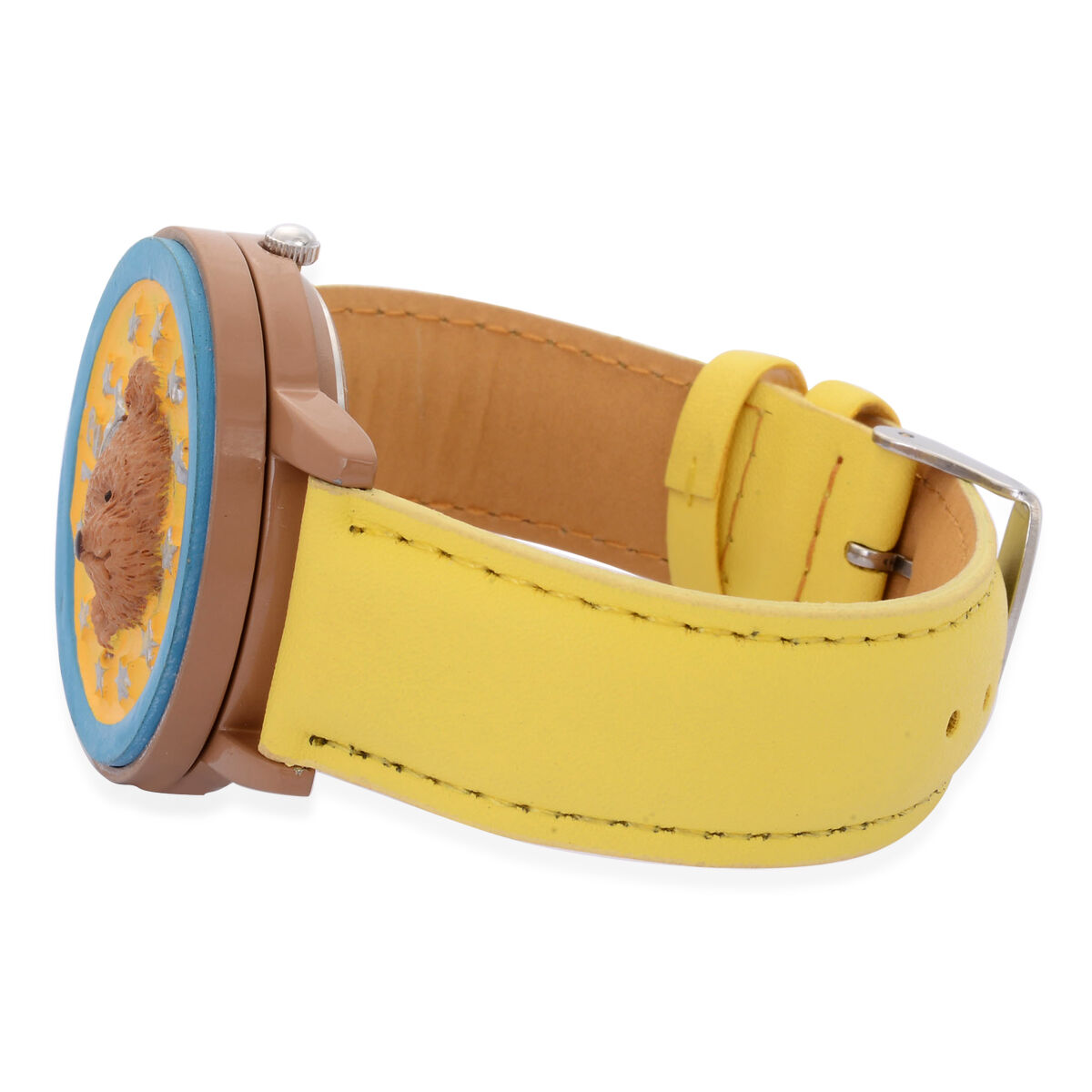 STRADA Japanese Movement White Dial with Teddy Bear Cover Watch in Silver Tone with Yellow Strap