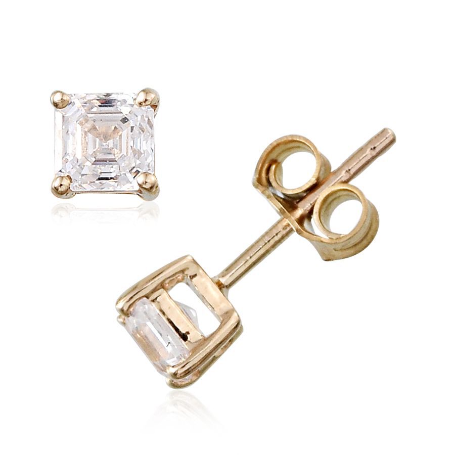 9K Y Gold (Asscher Cut) Stud Earrings (with Push Back) Made with Finest CZ 1.000 Ct.