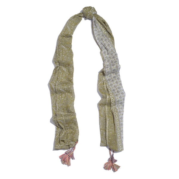 Designer Inspired - 100% Cotton Olive Green and White Colour Printed Scarf with Tassels (Size 200x180 Cm)