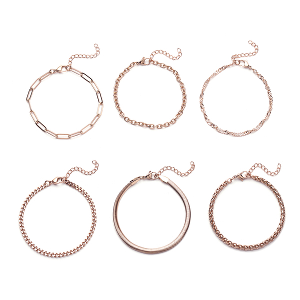 Ever True - 18K Rose Gold IP Plated Stainless Steel-15 Piece Jewellery Set - 6  Necklace, 6 Bracelet (Size 7 with 1.5 Inch Extender), 2 Pairs Earrings and 1 Magnetic Clasp with Extender.