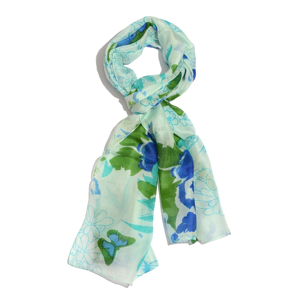 100% Mulberry Silk Mint Blue and Multi Colour Floral, Butterfly and Leaves Pattern Scarf (Size 170x50 Cm)