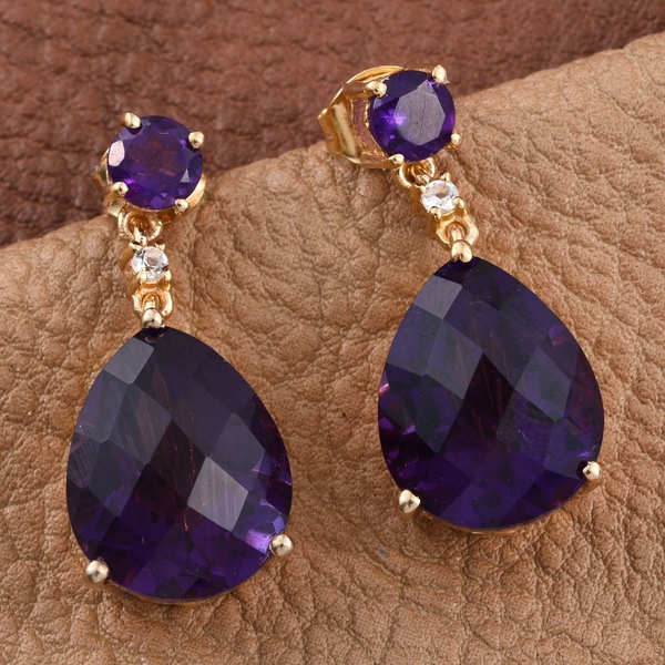 Lusaka Amethyst (Pear), White Topaz Earrings (with Push Back) in 14K Gold Overlay Sterling Silver 18.750 Ct.