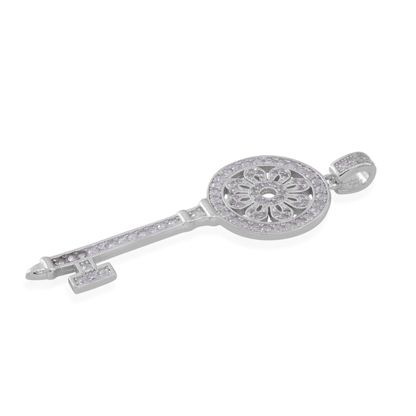 (Option 3) ELANZA AAA Simulated White Diamond (Rnd) Key Pendant in Rhodium Plated Sterling Silver