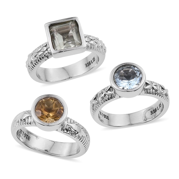 Set of 3 - Green Amethyst (Sqr), Sky Blue Topaz and Citrine Solitaire Ring in ION Plated Stainless S