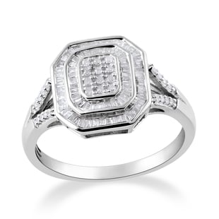 Designer Inspired Diamond (Rnd and Bgt) Ring in Platinum Overlay Sterling Silver 0.500  Ct.