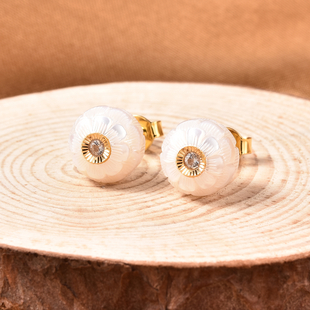 Galatea Pearl - Star in a Pearl- Carved Freshwater White Pearl and Natural Cambodian Zircon Stud Ear