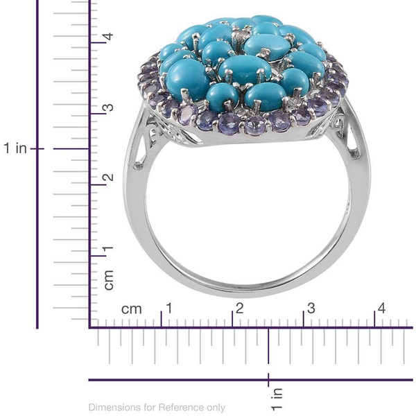 Arizona Sleeping Beauty Turquoise (Ovl), Tanzanite and Diamond Cluster Ring in Platinum Overlay Sterling Silver 4.760 Ct.