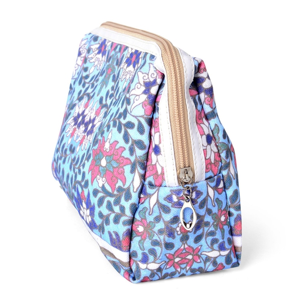 Set of 2 - Blue, Pink and Multi Colour Floral Pattern Cosmetic Bag (Size Large 26X17X9 Cm and Small 15X11X7 Cm)