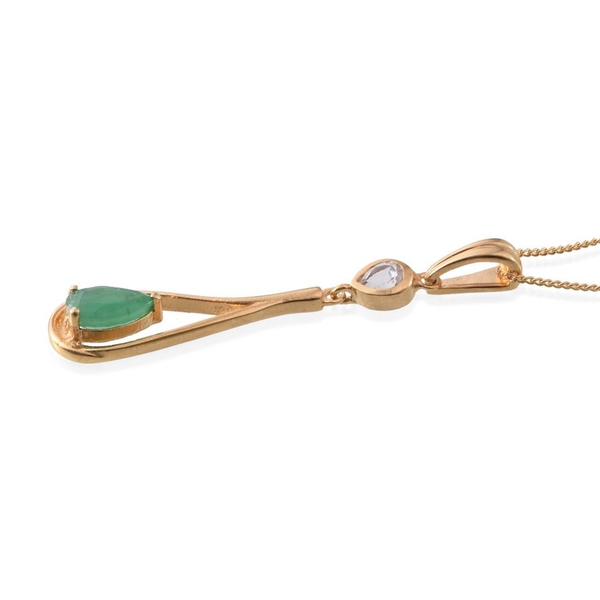 Kagem Zambian Emerald (Pear 0.90 Ct), White Topaz Pendant With Chain in 14K Gold Overlay Sterling Silver 1.150 Ct.