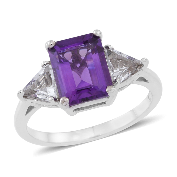 Amethyst (Oct 2.35 Ct), White Topaz Ring in Rhodium Plated Sterling Silver 3.500 Ct.