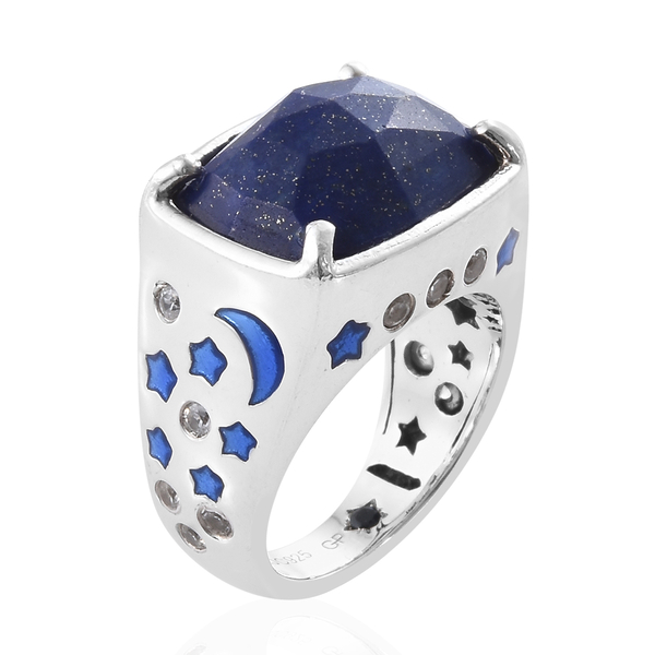GP Lapis Lazuli (Cush 16x12 mm), Natural Cambodian Zircon and Kanchanaburi Blue Sapphire Ring in Platinum Overlay Sterling Silver 10.000 Ct, Silver wt 8.15 Gms.