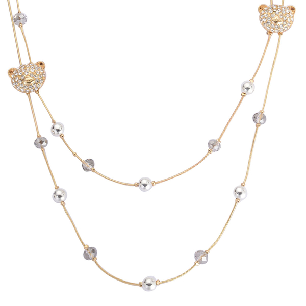 White Austrian Crystal and Grey Glass Double Strand Necklace (Size 24 with 3 inch Extender) in Gold 