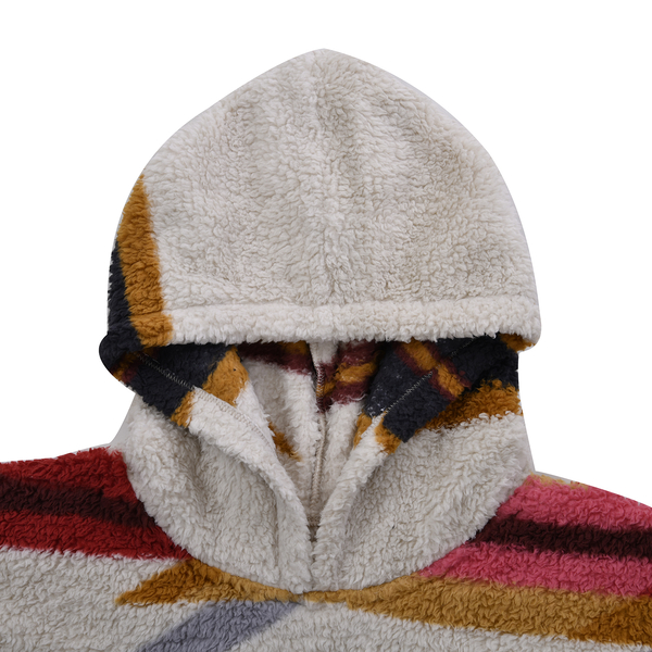 Luxurious Super Soft Sherpa Blanket Hoodie (Over Sized - 194x98Cm) - White & Multi