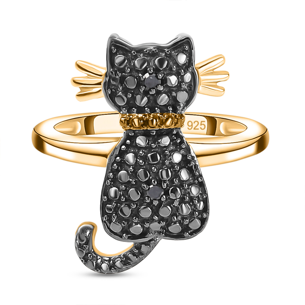 Black Diamond Cat Ring in Black and 14K Gold Overlay Sterling Silver