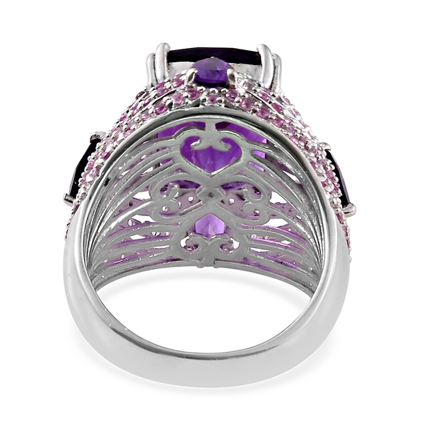 Lusaka Amethyst (Cush 16x12mm10.80 Ct), Pink Sapphire Ring in Platinum Overlay Sterling Silver 15.000 Ct. Silver wt. 9.44 Gms. Number of Gemstones 229