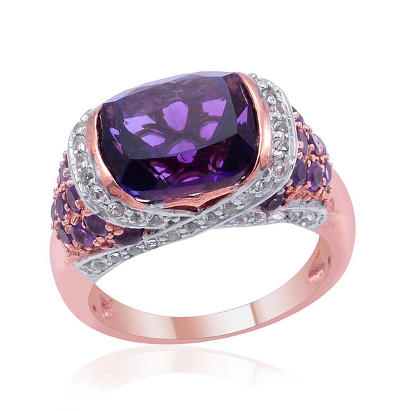 Zambian Amethyst (Cush 5.25 Ct), White Topaz Ring in Rose Gold Overlay Sterling Silver 6.650 Ct.