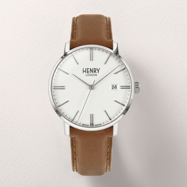 HENRY LONDON Regency Silver Tone Case Watch with Tan Leather Strap
