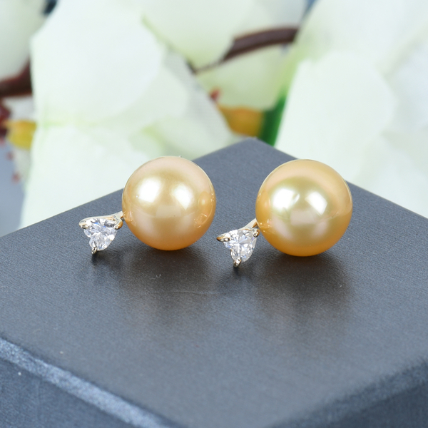 9K Yellow Gold Golden South Sea Pearl and Moissanite Earrings (With Push Back)
