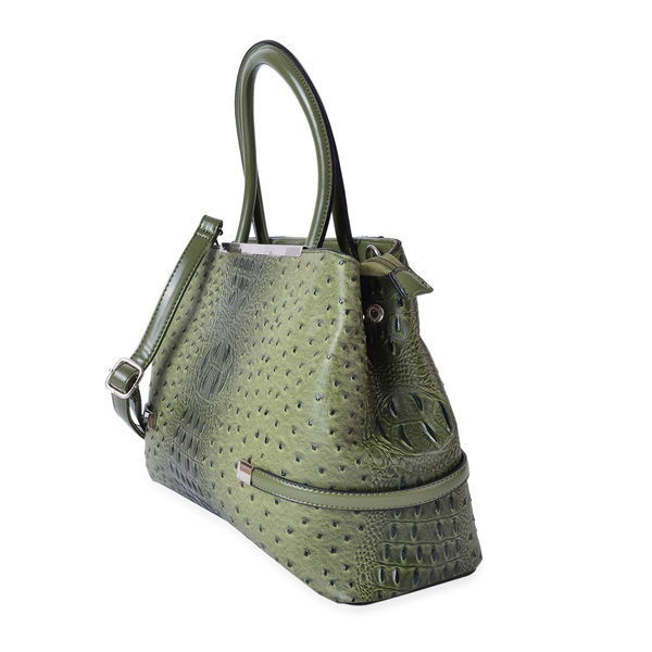 Designer Inspired-Olive Green and Black Colour Ostrich Embossed Tote Bag with External Zipper Pocket and Adjustable Shoulder Strap (Size 38X26.5X13 Cm)