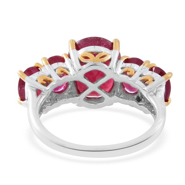 African Ruby (Ovl 6.75 Ct) 5 Stone Ring in Rhodium and 14K Gold Overlay Sterling Silver 11.500 Ct.
