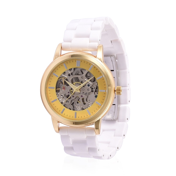 GENOA Skeleton Dial Automatic Water Resistant White Ceramic Watch in Yellow Gold Tone